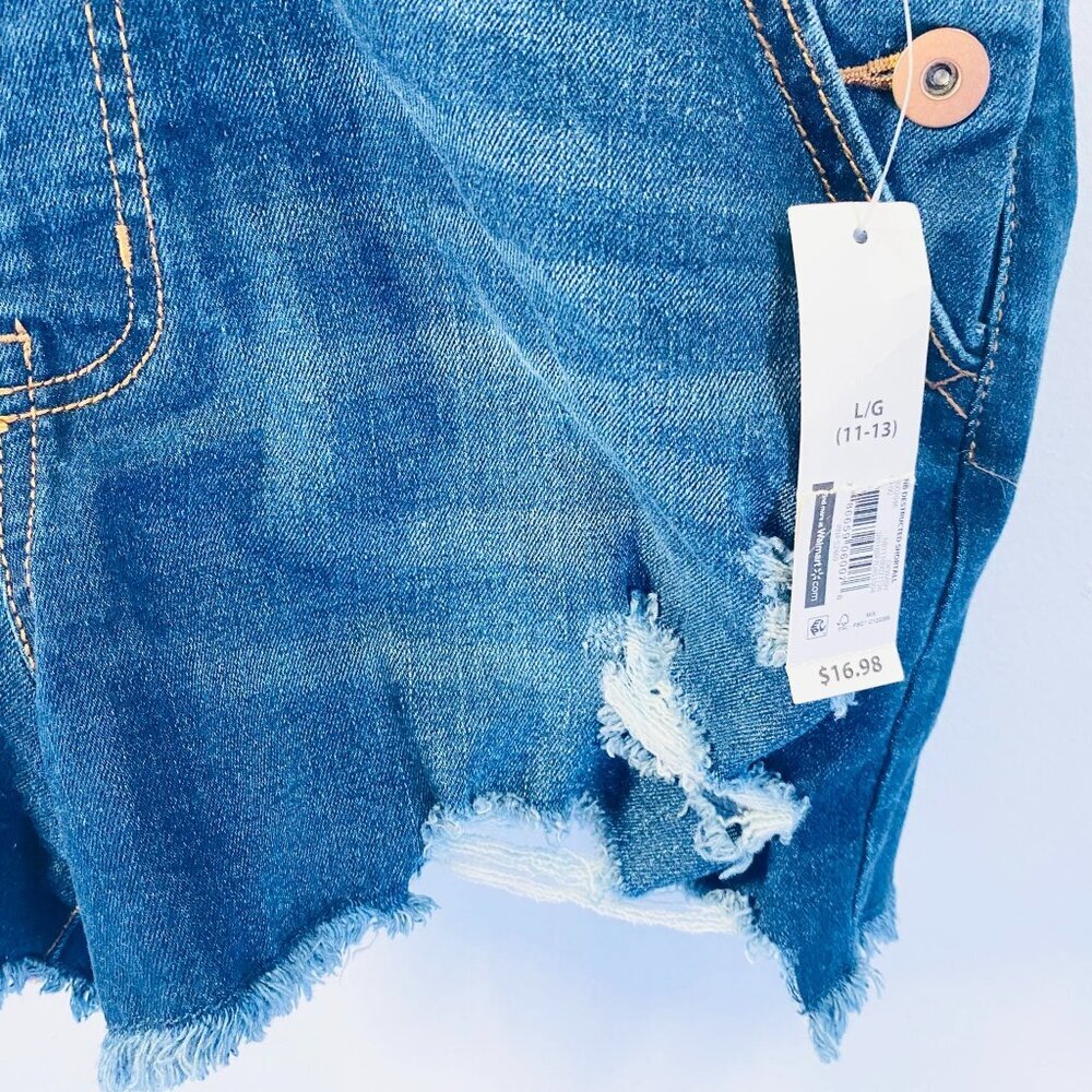 Denim Overall Shorts With Distressed Hem & Adjustable Straps NWT Size L/G (11-13 - Picture 4 of 5